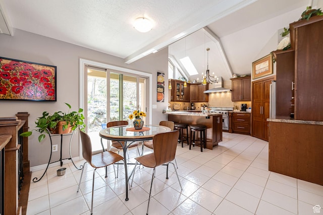 2406 Woodland Dr, Ogden, UT 84403 - dining space featuring a textured ceiling, a chandelier, light tile patterned flooring, vaulted ceiling with beams, and baseboards