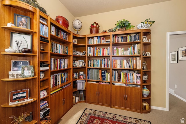 2406 Woodland Dr, Ogden, UT 84403 - sitting room featuring carpet flooring, baseboards, and wall of books
