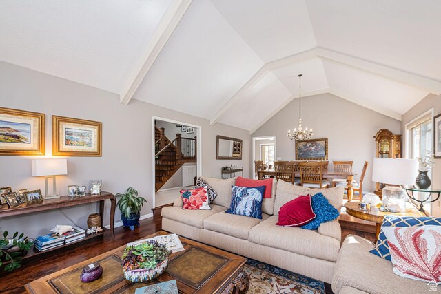 2406 Woodland Dr, Ogden, UT 84403 - living area with baseboards, a chandelier, stairs, lofted ceiling, and wood finished floors