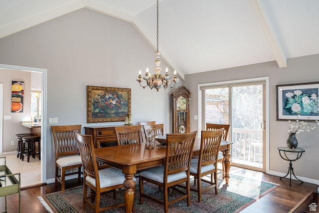 2406 Woodland Dr, Ogden, UT 84403 - dining room featuring a notable chandelier, baseboards, beamed ceiling, high vaulted ceiling, and wood finished floors