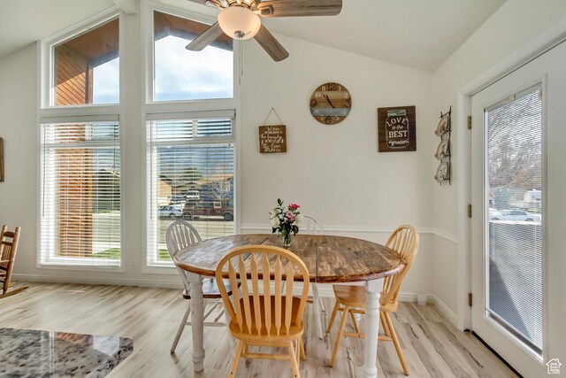 1224 S 760 W, Provo, UT 84601 - dining space with light wood-style floors, baseboards, a ceiling fan, and lofted ceiling