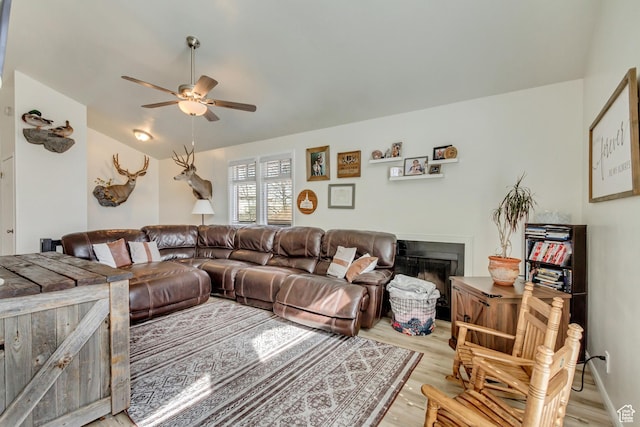 1224 S 760 W, Provo, UT 84601 - living room with a fireplace, lofted ceiling, light wood-style flooring, and ceiling fan