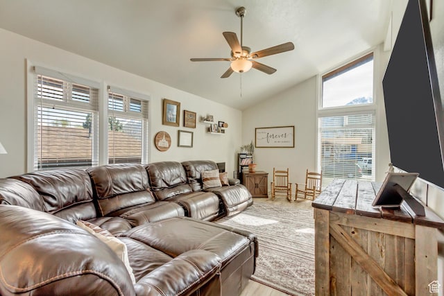 1224 S 760 W, Provo, UT 84601 - living room with ceiling fan, light wood-style floors, vaulted ceiling, and a healthy amount of sunlight
