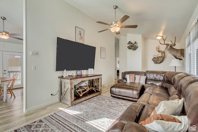 1224 S 760 W, Provo, UT 84601 - living area featuring light wood-style flooring, ceiling fan, baseboards, and lofted ceiling