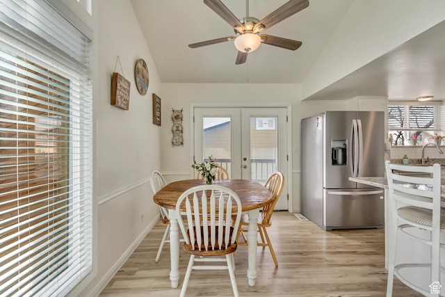 1224 S 760 W, Provo, UT 84601 - dining area with baseboards, a ceiling fan, light wood finished floors, french doors, and lofted ceiling