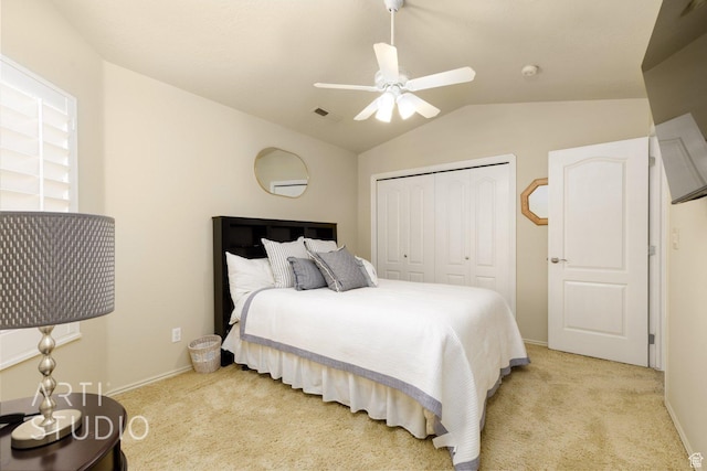 145 S Crystal Lakes Dr Unit 80, St George, UT 84770 - bedroom featuring light carpet, a closet, vaulted ceiling, and a ceiling fan