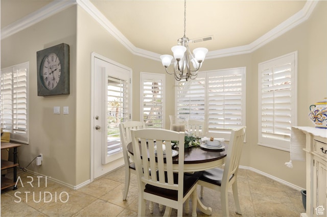 145 S Crystal Lakes Dr Unit 80, St George, UT 84770 - dining area with baseboards, an inviting chandelier, light tile patterned floors, crown molding, and visible vents