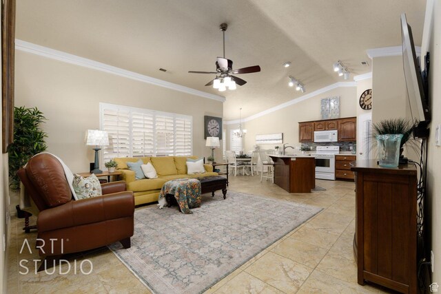 145 S Crystal Lakes Dr Unit 80, St George, UT 84770 - living room featuring ornamental molding, lofted ceiling, and ceiling fan