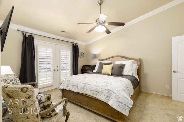 145 S Crystal Lakes Dr Unit 80, St George, UT 84770 - bedroom featuring visible vents, ceiling fan, crown molding, access to exterior, and light carpet