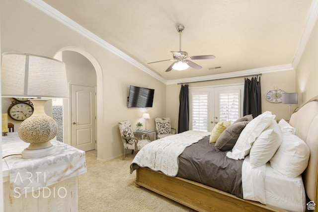 145 S Crystal Lakes Dr Unit 80, St George, UT 84770 - bedroom with light carpet, visible vents, vaulted ceiling, and ornamental molding