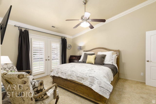 145 S Crystal Lakes Dr Unit 80, St George, UT 84770 - bedroom featuring access to outside, light colored carpet, crown molding, a ceiling fan, and french doors