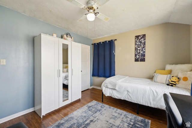 1240 E 520 S, Provo, UT 84606 - bedroom featuring baseboards, wood finished floors, a ceiling fan, and lofted ceiling