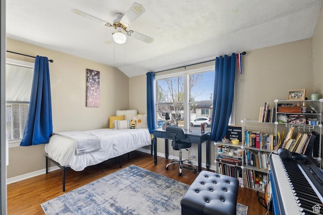 1240 E 520 S, Provo, UT 84606 - bedroom featuring wood finished floors, baseboards, a ceiling fan, a desk, and vaulted ceiling