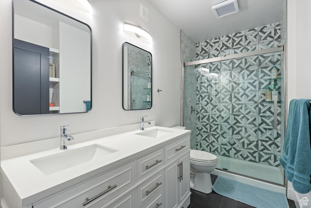 full bathroom with a shower stall, visible vents, a sink, and toilet