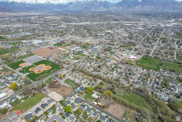 drone / aerial view featuring a mountain view