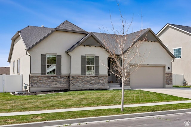 view of front facade featuring concrete driveway, stone siding, a garage, and stucco siding