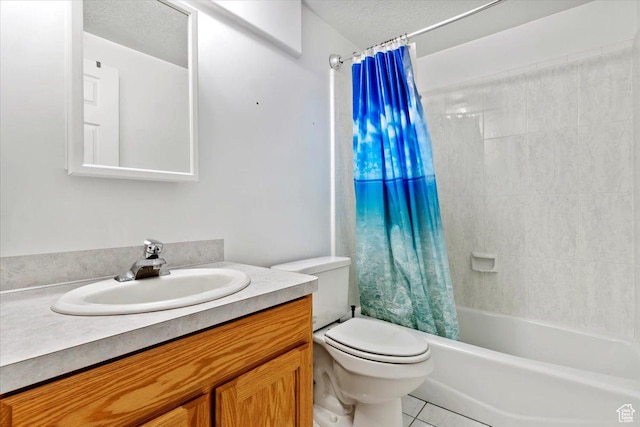 32 Belmore Dr, Kaysville, UT 84037 - full bath with shower / bath combination with curtain, toilet, a textured ceiling, vanity, and tile patterned floors