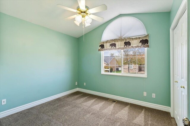 32 Belmore Dr, Kaysville, UT 84037 - carpeted empty room with visible vents, baseboards, a ceiling fan, and lofted ceiling