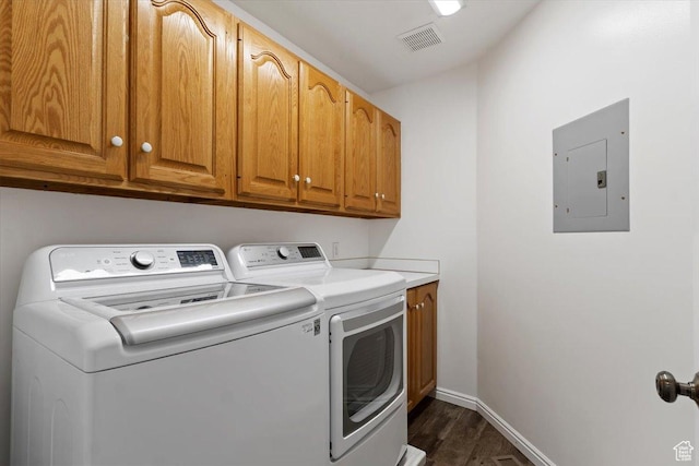 32 Belmore Dr, Kaysville, UT 84037 - laundry area featuring baseboards, electric panel, visible vents, cabinet space, and washer and dryer