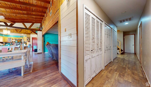 263 W 300 S, Parowan, UT 84761 - hallway featuring visible vents, baseboards, wood finished floors, and beamed ceiling