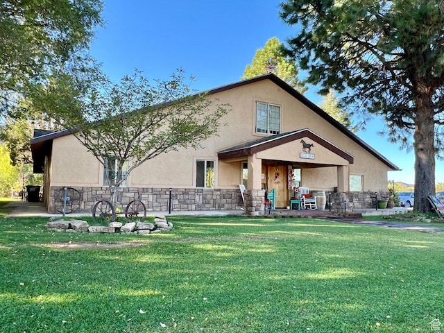 263 W 300 S, Parowan, UT 84761 - rear view of property featuring stucco siding, a yard, stone siding, and covered porch