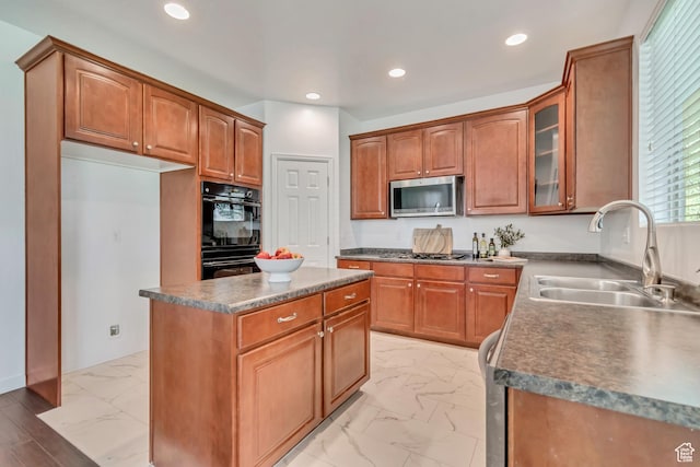 166 S 2035 W, Lehi, UT 84043 - kitchen with a sink, light marble finish floors, stainless steel microwave, glass insert cabinets, and a center island