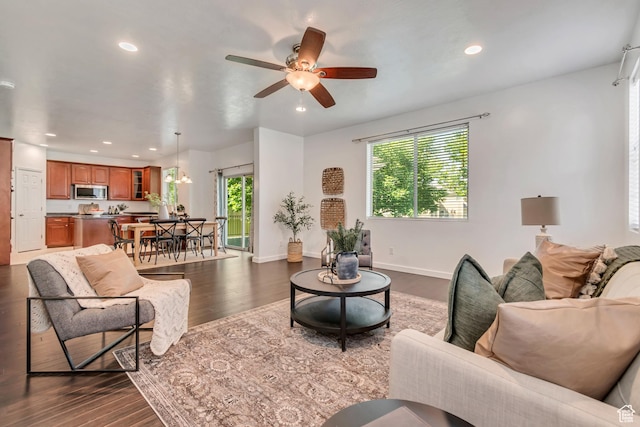 166 S 2035 W, Lehi, UT 84043 - living room featuring ceiling fan, dark wood-type flooring, and recessed lighting