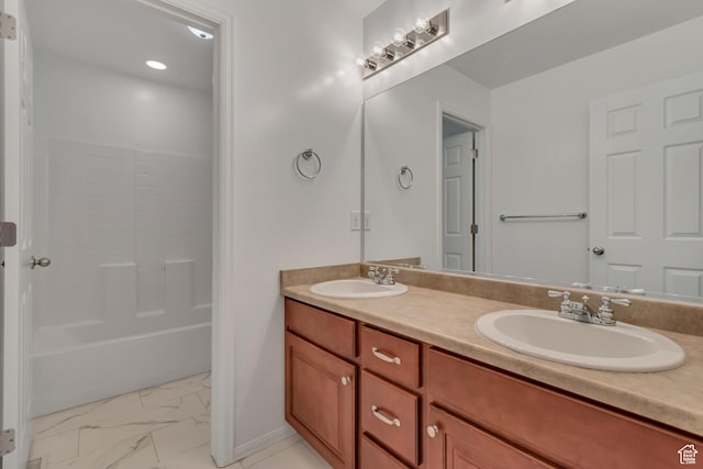 166 S 2035 W, Lehi, UT 84043 - full bath featuring marble look tile flooring, double vanity,  shower combination, and baseboards