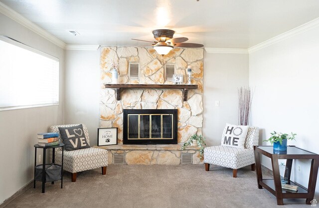 20 E 9n Cir N, American Fork, UT 84003 - living area with crown molding, visible vents, ceiling fan, and carpet
