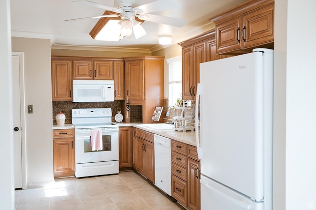 20 E 9n Cir N, American Fork, UT 84003 - kitchen featuring tasteful backsplash, white appliances, light countertops, a ceiling fan, and a sink