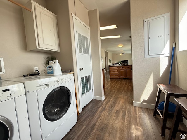 288 W Stuart Dr, Garden City, UT 84028 - washroom with baseboards, electric panel, washing machine and dryer, dark wood-type flooring, and visible vents