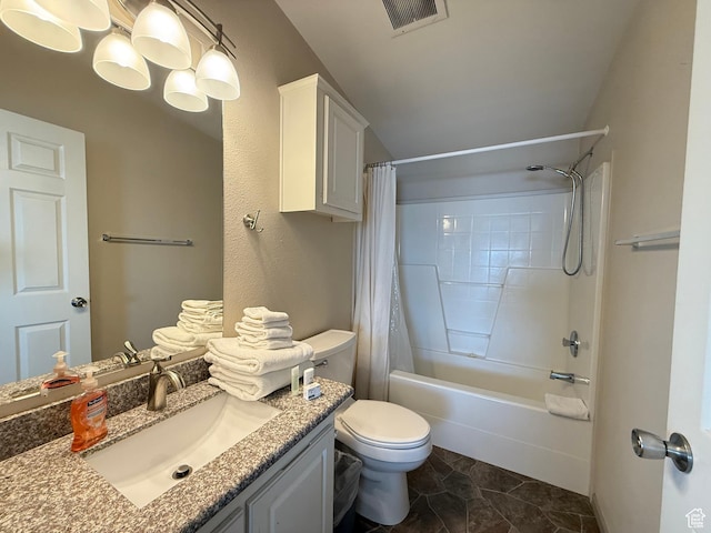 288 W Stuart Dr, Garden City, UT 84028 - bathroom with vanity, visible vents, toilet, shower / bath combo, and lofted ceiling