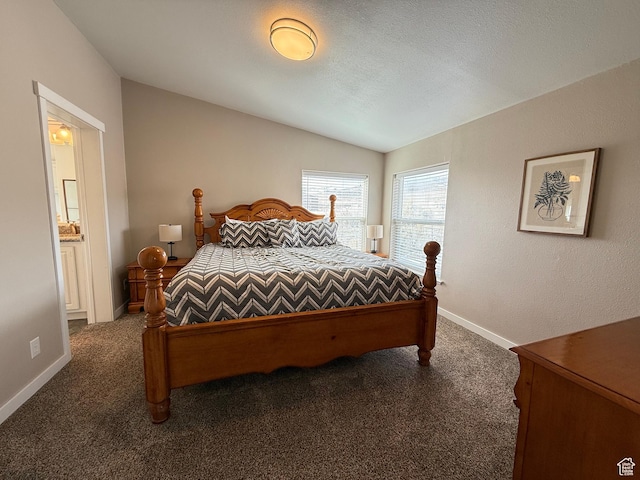 288 W Stuart Dr, Garden City, UT 84028 - bedroom with carpet flooring, baseboards, a textured ceiling, and lofted ceiling