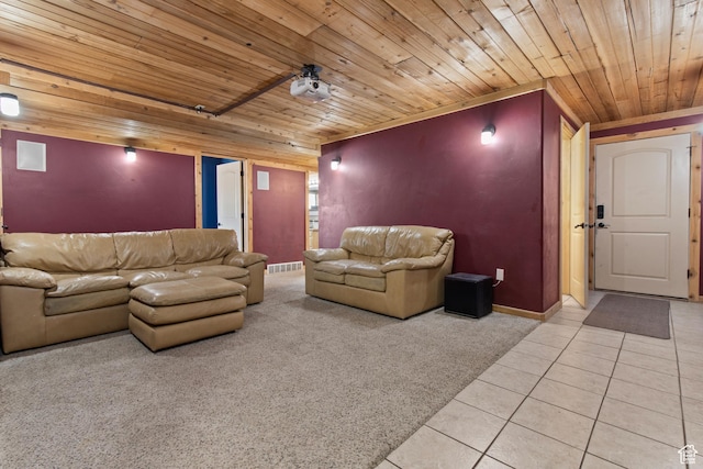 671 W Dee Dr, Garden City, UT 84028 - living area with light tile patterned floors, visible vents, wood ceiling, and light colored carpet