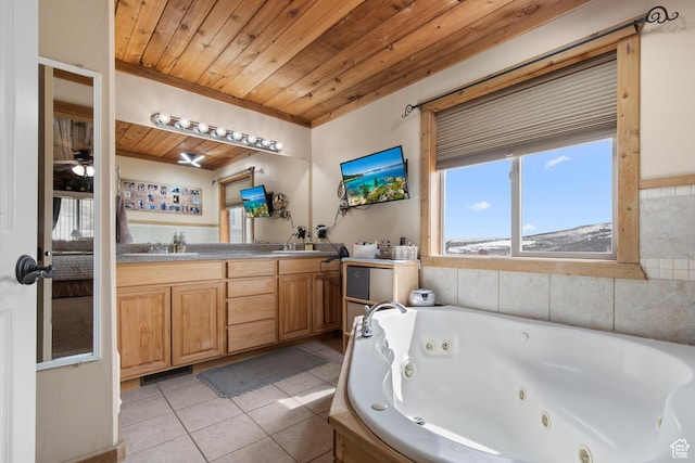 671 W Dee Dr, Garden City, UT 84028 - bathroom featuring double vanity, tile patterned flooring, visible vents, wooden ceiling, and a tub with jets