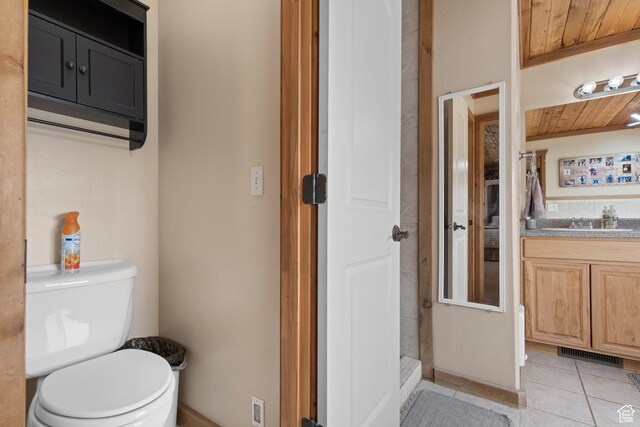 671 W Dee Dr, Garden City, UT 84028 - full bathroom featuring visible vents, wooden ceiling, toilet, vanity, and tile patterned flooring