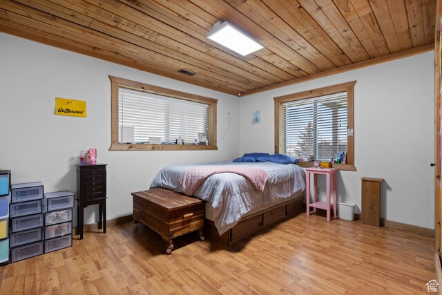 671 W Dee Dr, Garden City, UT 84028 - bedroom with visible vents, baseboards, wooden ceiling, and light wood-style floors