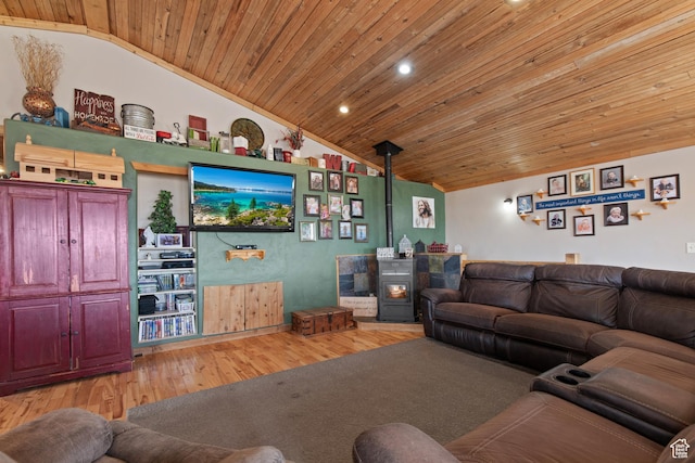 671 W Dee Dr, Garden City, UT 84028 - living room featuring a wood stove, light wood-type flooring, wooden ceiling, and lofted ceiling