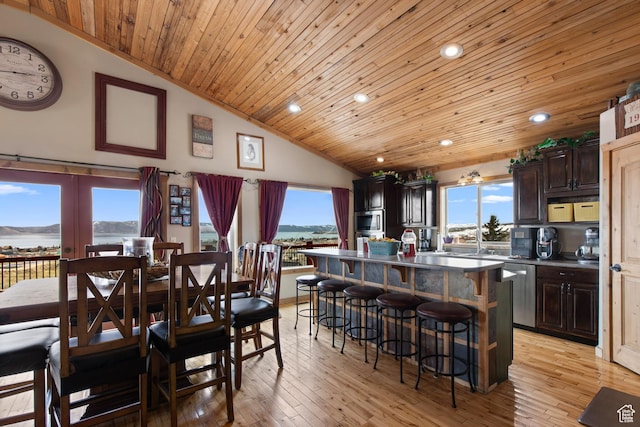 671 W Dee Dr, Garden City, UT 84028 - dining room with wood ceiling, high vaulted ceiling, light wood finished floors, and recessed lighting