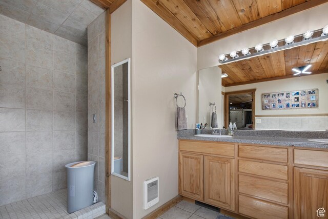671 W Dee Dr, Garden City, UT 84028 - bathroom with visible vents, wooden ceiling, an enclosed shower, double vanity, and tile patterned floors