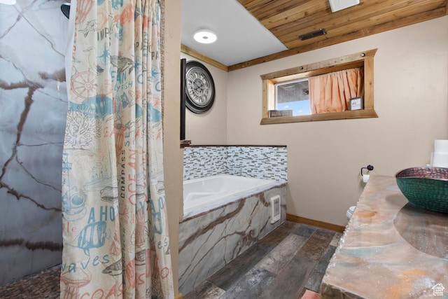 671 W Dee Dr, Garden City, UT 84028 - full bathroom featuring visible vents, a shower with curtain, a bath, and wood ceiling