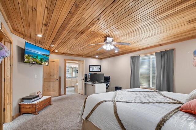 671 W Dee Dr, Garden City, UT 84028 - bedroom featuring recessed lighting, ensuite bathroom, a ceiling fan, light colored carpet, and wooden ceiling