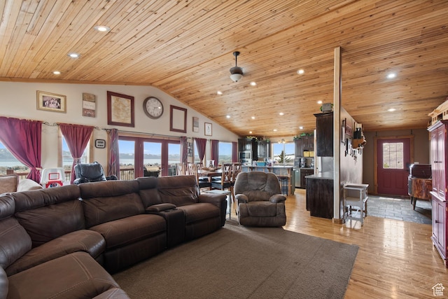 671 W Dee Dr, Garden City, UT 84028 - living area with high vaulted ceiling, recessed lighting, wooden ceiling, and light wood-style floors