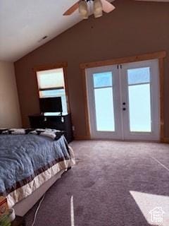 87 N Loafer Canyon Rd, Elk Ridge, UT 84651 - bedroom featuring french doors, a ceiling fan, vaulted ceiling, and light carpet