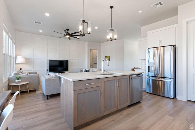 4582 S Sophia Ln, Washington, UT 84780 - kitchen with appliances with stainless steel finishes, ceiling fan with notable chandelier, a sink, and visible vents