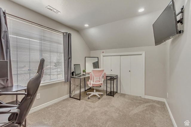carpeted office featuring visible vents, baseboards, recessed lighting, and vaulted ceiling