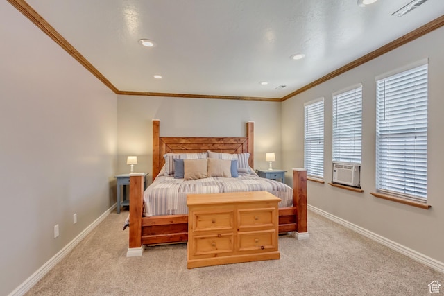 bedroom with visible vents, baseboards, and light carpet