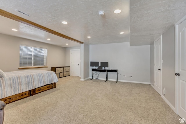 bedroom with visible vents, baseboards, carpet, a textured ceiling, and recessed lighting