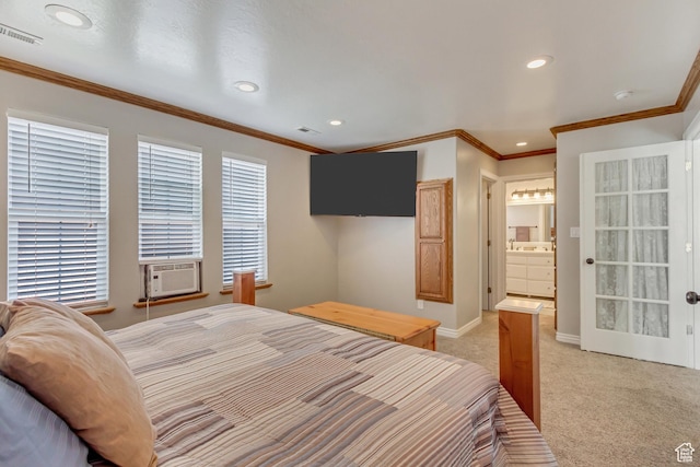 bedroom featuring light carpet, crown molding, visible vents, and recessed lighting