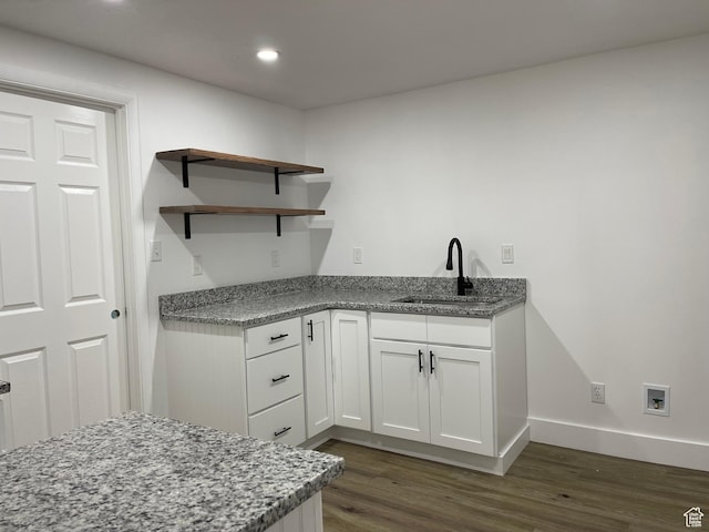 3977 W 5625 S, Roy, UT 84067 - kitchen featuring open shelves, baseboards, dark wood-style floors, white cabinets, and a sink